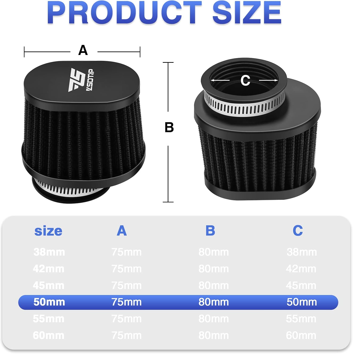 2PCS Motorcycle Air Filter Universal 50MM Replacement Filter Dirt Bike High Performance Air Filters Fit Motocross Carburetor Cleaner for Pit Bike Scooter Moped ATV (Black)