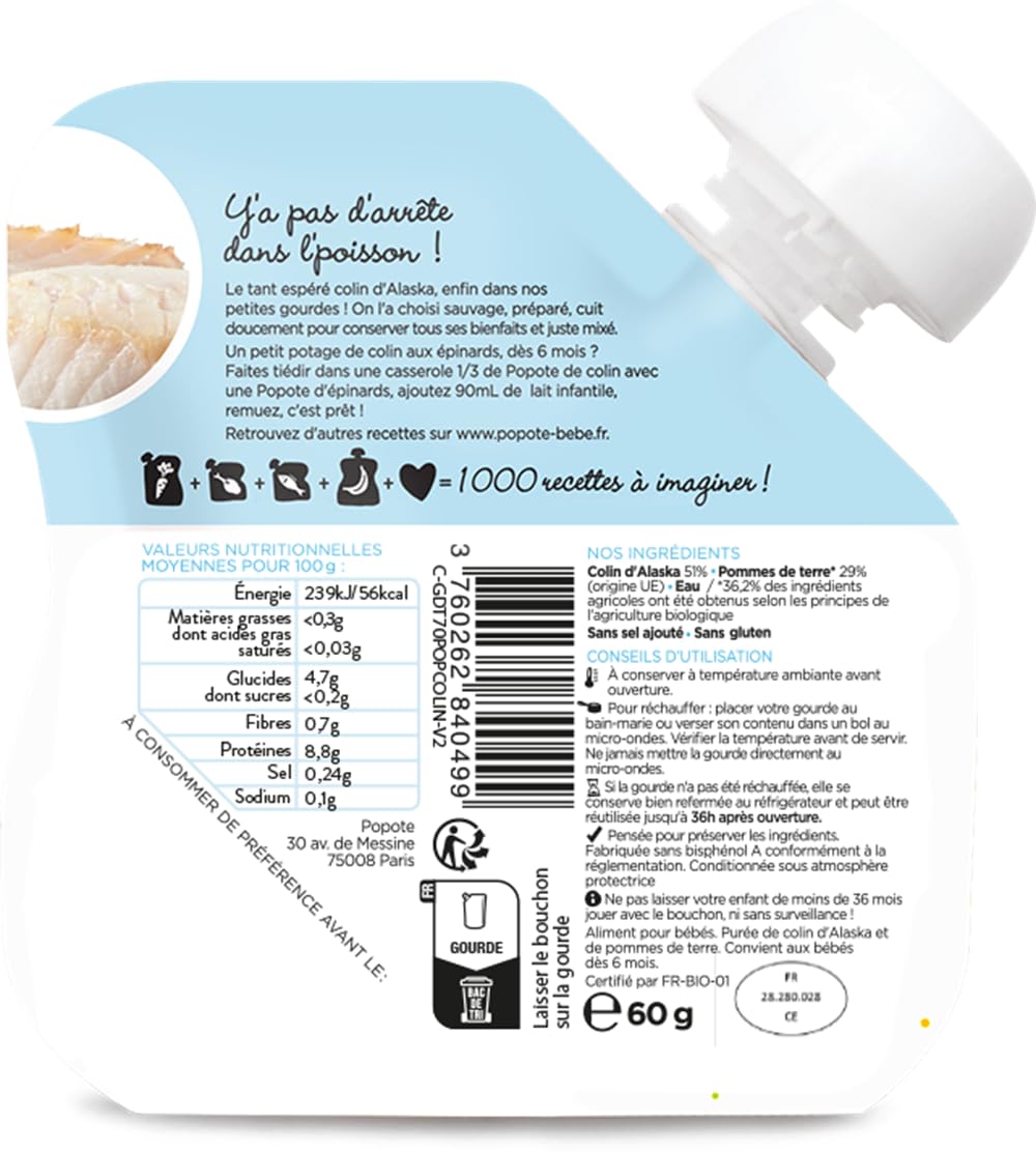 POPOTE - Purée de Colin d’Alaska - Dès 4/6 Mois - Gourde Individuelle 60 g - Recette Lisse, Équilibrée - Première Découverte des Protéines - Format Pratique à Emporter - Pack Familial 10 x 60 g