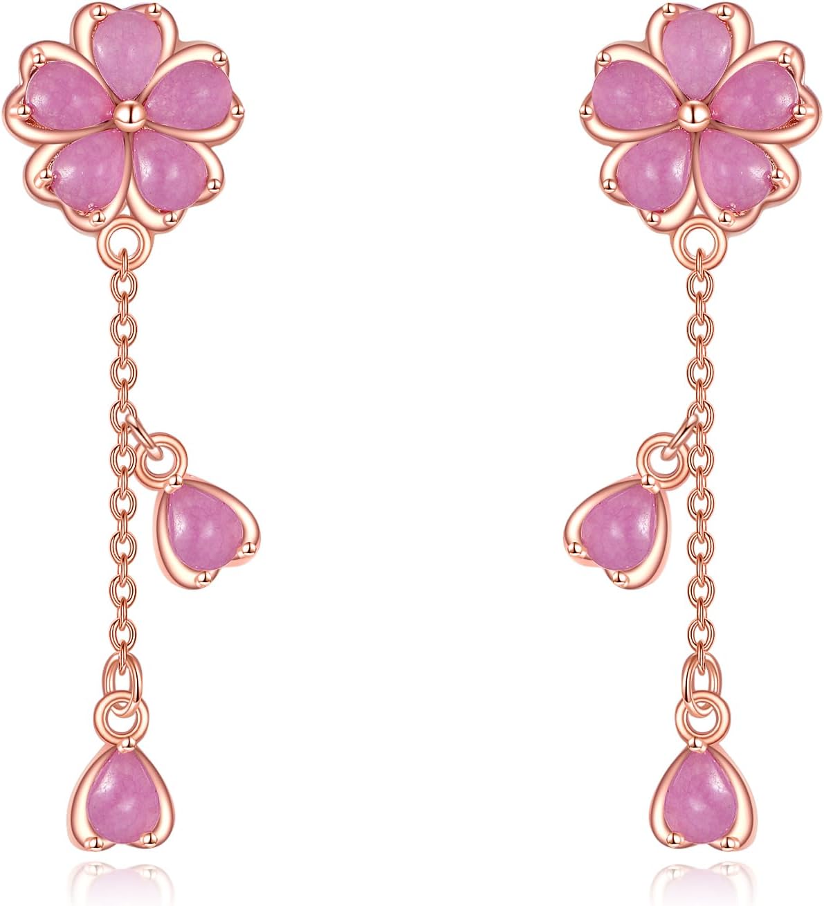 TIGER RIDER Cherry Blossom Tassel Earrings 925 Sterling Silver Rose Quartz Pink Flower Dangle Earrings Jewelry Gift for Women Christmas