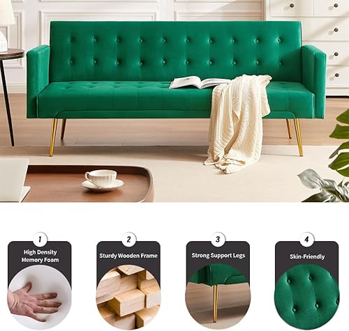 Miniatura 4 de Moderno sofá cama futón de terciopelo, sofá cama convertible con patas de metal, respaldo ajustable tapizado, asiento reclinable copetudo para