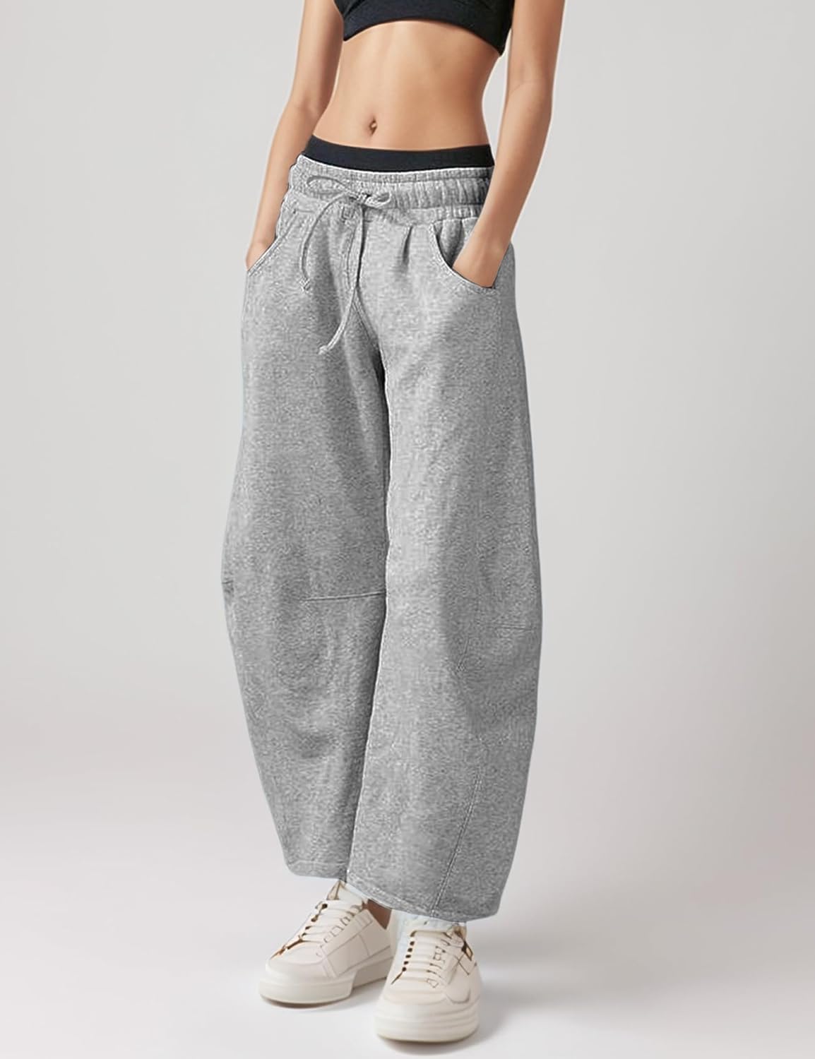 Wyeysyt Women's Barrel Leg Sweatpants Elastic Waistband Drawstring Wide Leg Pants Baggy Cotton Palazzo Pants with Pockets - Image 2