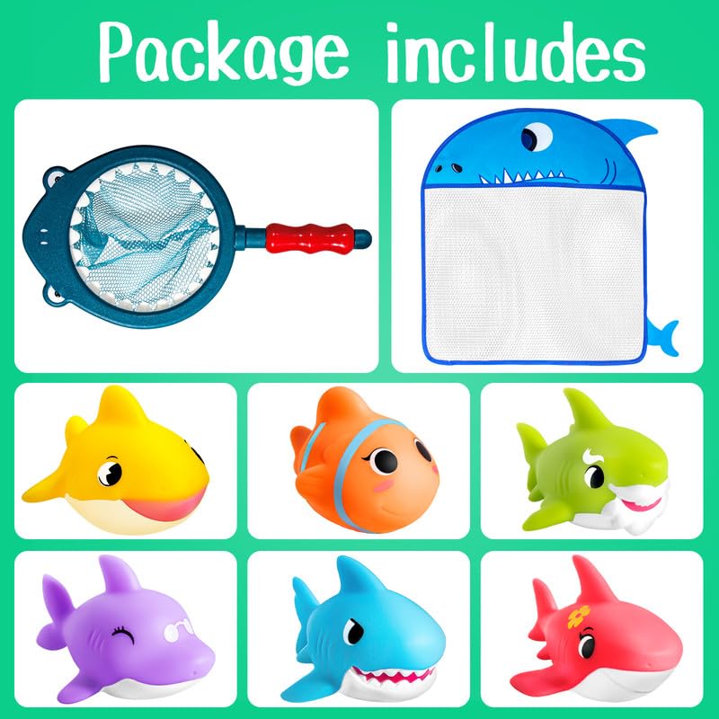 Juguetes de baño para bebés sin agujeros, juego de juguetes de baño de tiburón con red de baño y almacenamiento, juguetes flotantes para ducha de agua y piscina 6