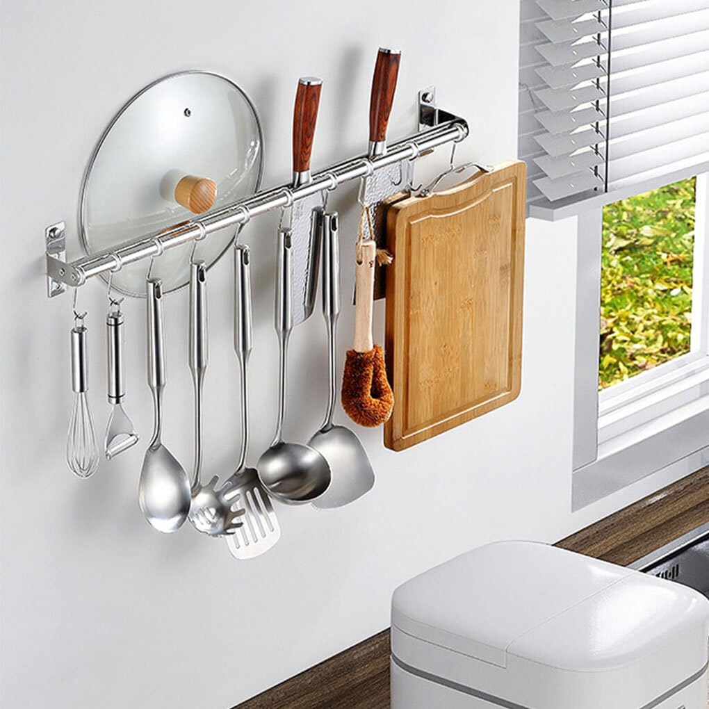 Auliuse Stainless Steel Kitchen Utensil Rail (15.75in) - Wall-Mounted Rack With 6 Hooks For Pots, Pans, Cups & Cooking Tools