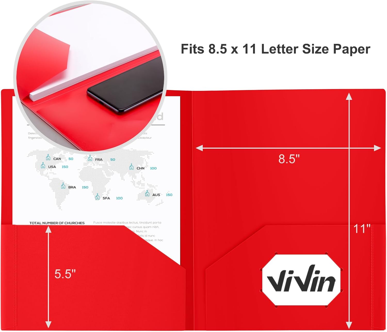 ViVin 60-Pack Red Plastic Folders with Pockets, Two Pocket Folders, Plastic Pocket Folders for School, Office and Home