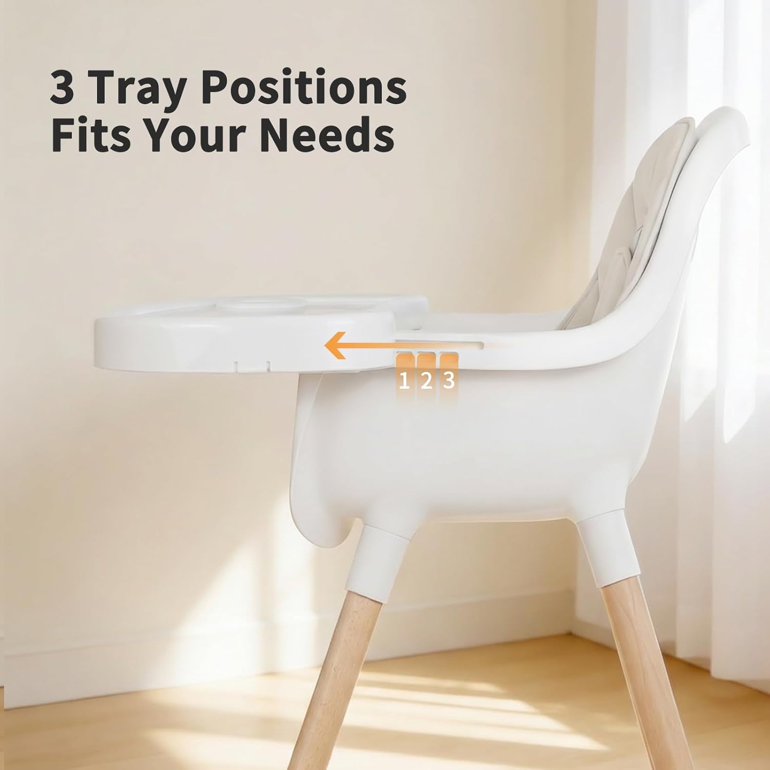 Baby High Chair, Wooden Highchair with Removable Tray, Adjustable Legs, Cushion, 5-Point Harness and Footrest for Infants, Baby, Toddlers, Gray