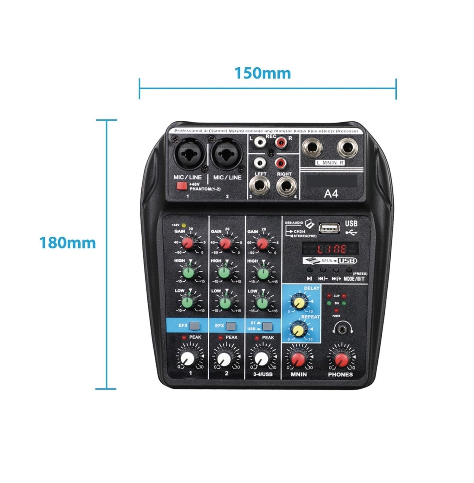 Mikser audio, A4 Konsola miksująca dźwięk USB Nagrywanie Komputerowe 48V Phantom Power Delay Repaeat Efekt 4 Kanały Mikser Audio do karaoke w studiu