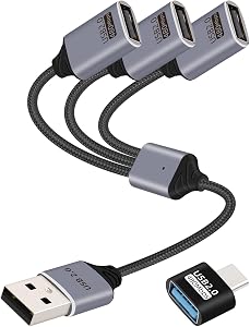 USB Splitter 1 in 3 Out,USB Male to 3-USB Female Extension Hub,USB-A Power Splitter Cabler Support USB 2.0 for Charging and Data Transfer(26CM)