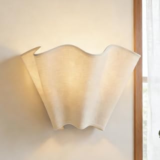 Vintage Ivory Linen Scalloped Pleated Sconce, Mid-Century Champagne Bronze Sconce with Dimmable Lighting, Elegant Light Fixture for Bedroom, Living Room, Hallway