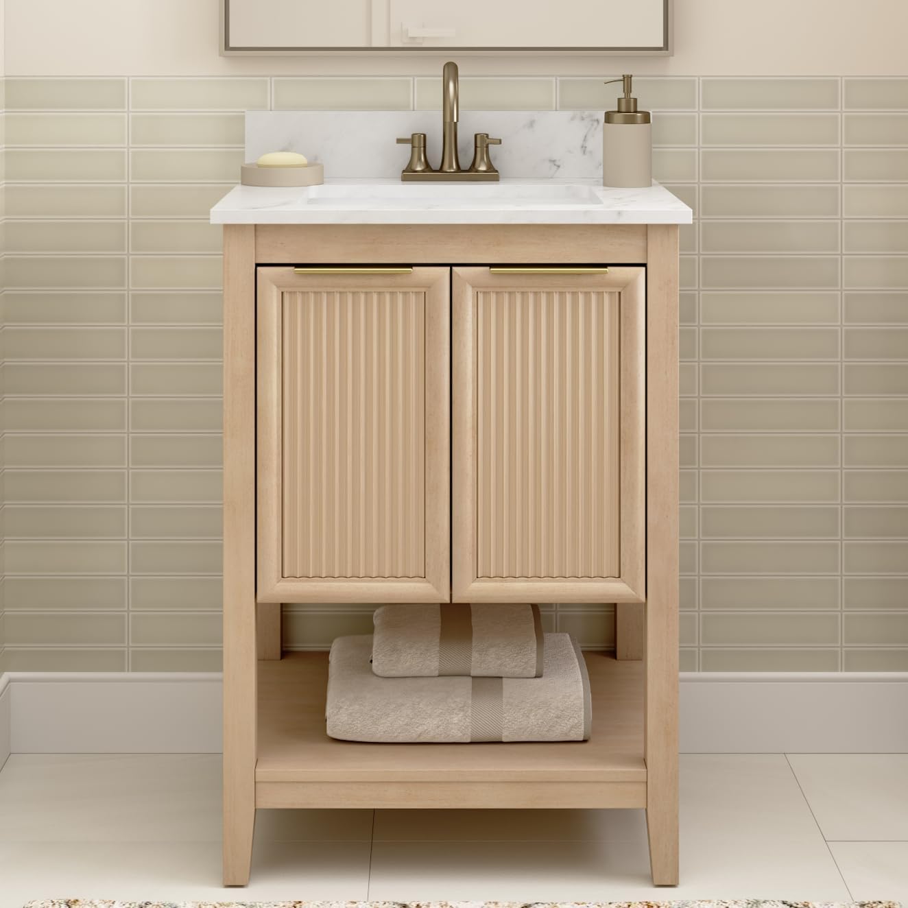 Bush Home 24-Inch Bathroom Vanity with Sink, Fluted Bathroom Cabinet with Faux Marble Basin and Backsplash, Freestanding Bathroom Storage Vanity, Faucet Not Included, Camille Collection, Onyx Birch