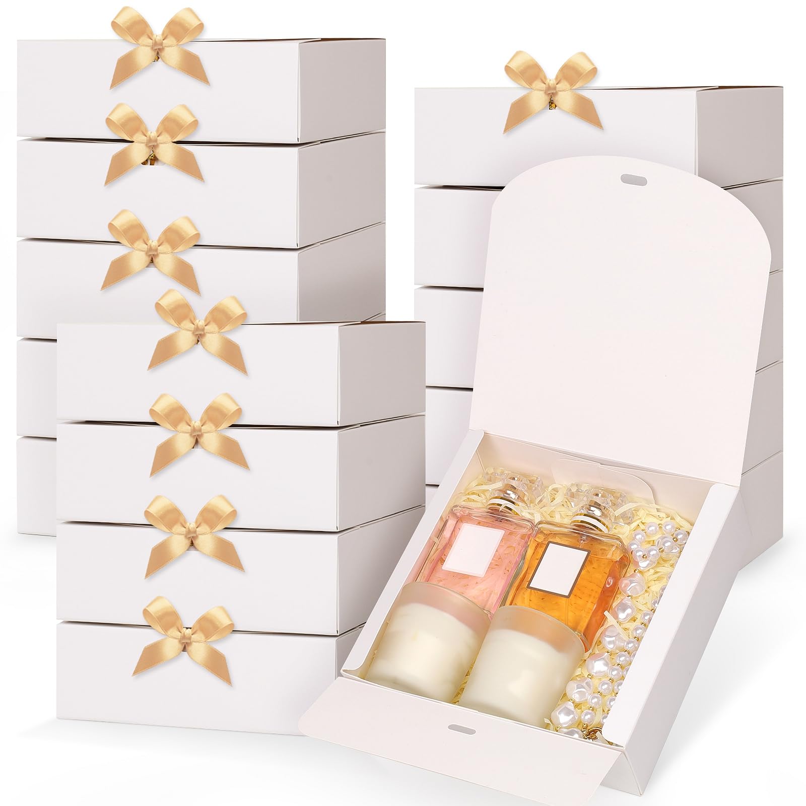 GXFCING 15 Stück Weiße Geschenkboxen, Geschenkbox mit Deckel, 16 x 16 x 5cm Geschenkkarton mit Gold Satinband für Hochzeit Geburtstag Weihnachten Party Geschenke Verpackung