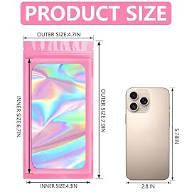 Funfery 100 pieces Smell Proof Mylar Holographic Bags Packaging Bags, Resealable Odor Proof Bag Foil Pouch Bag for Food Storage Gloss Eyelash Jewelry(Pink,4.7x7.9Inch)