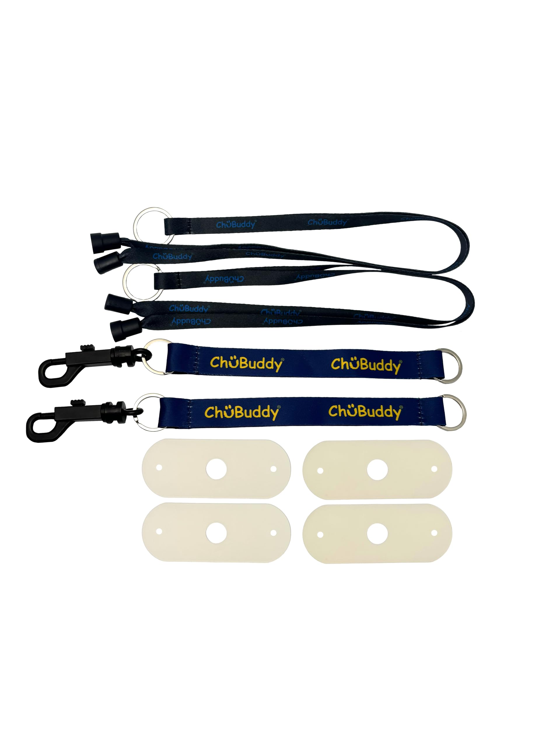ChuBuddy Chew Holder 4 Pack: Two (Navy) Clip-Ons & Two (Black) Neck Lanyards