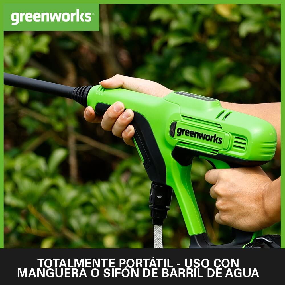 Greenworks G24PW Hidrolimpiadora de Mano Inalámbrica, 24Bar, 180L/h, Botella de Detergente de 300W y Manguera de Sifón de 6 m, SIN Batería o Cargador de 24V, Garantía de 3 Años