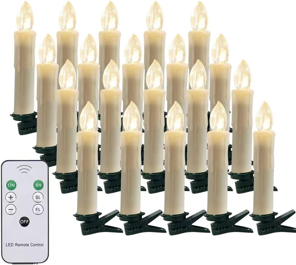 20 PCS Flameless LED Window Candles with Remote Controls and Timers, Christmas Tree Candle Lights, Battery Operated Taper Candles for Chandeliers Party Easter Decoration, Warm White Light with Clips
