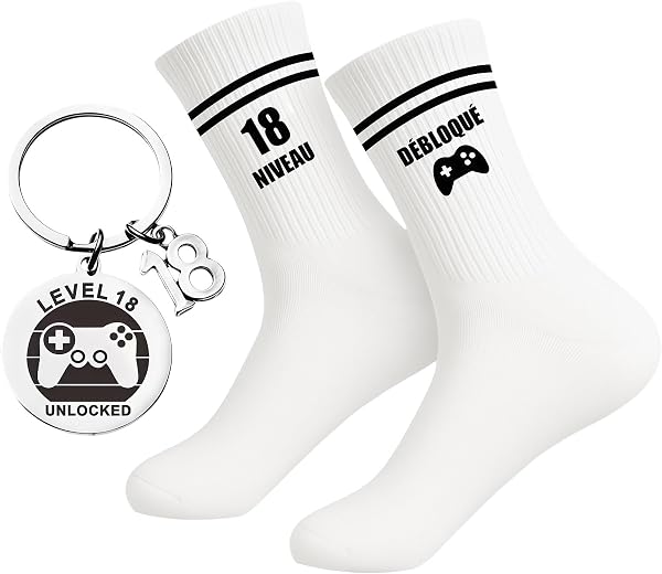 Cadeau 18 Ans Garçon Chaussettes Niveau 18 Débloqué avec Porte-Clés Level 18 Unlocked Idée Cadeau 18 Ans Anniversaire Garçon Gamer Humour Original pour Fêter les 18 Ans - 1