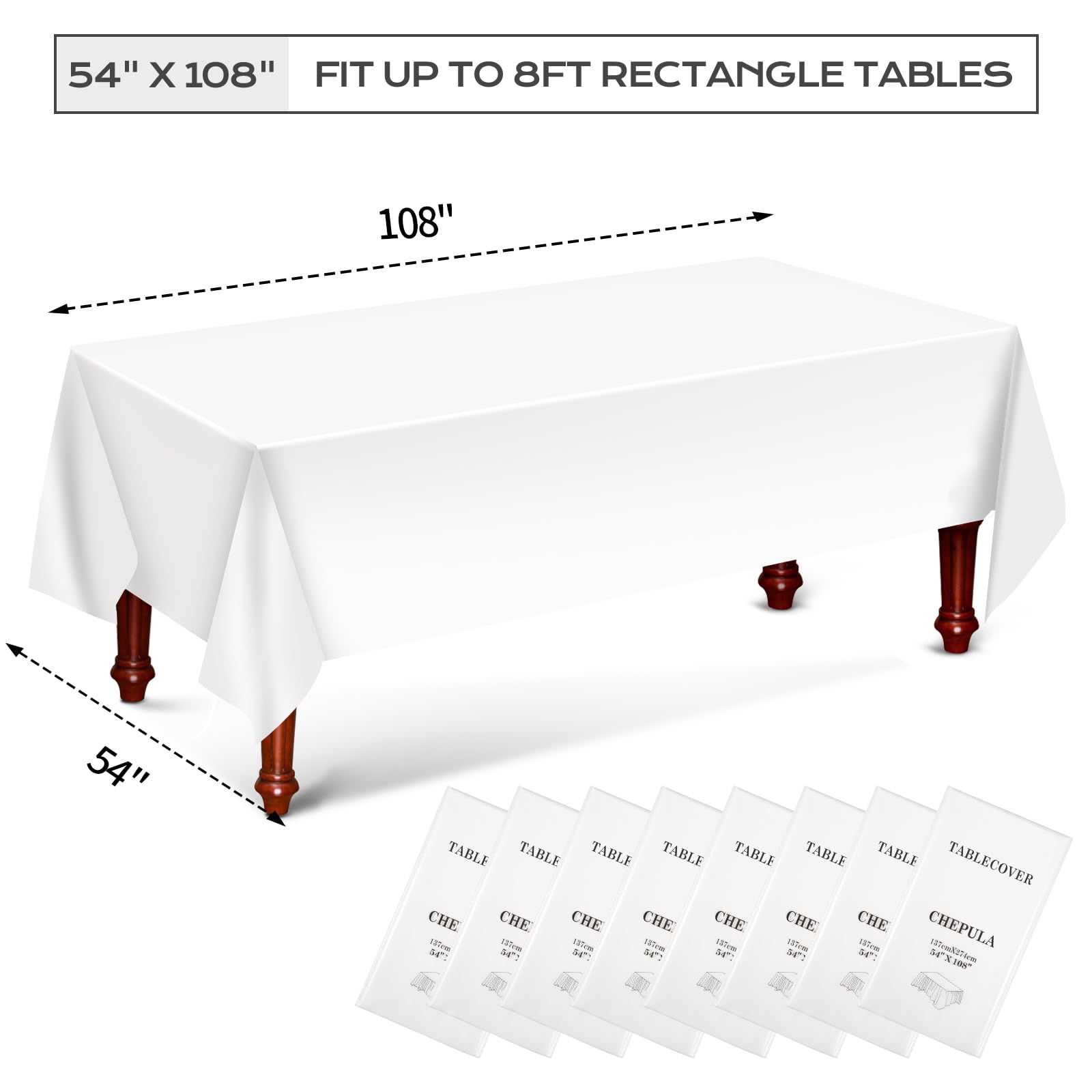 CHEPULA Tovaglia usa e getta, bianca, 8 pezzi, impermeabile, per compleanno, rettangolare, adatta per matrimoni, feste, compleanni dei bambini, Natale, 137 x 274 cm, bianco