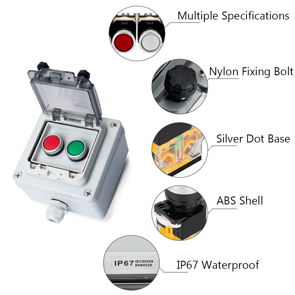 tooloflife Caja de botones de parada de emergencia, cubierta protectora impermeable IP67, estaciones de control de botón momentáneo, interruptor antimal funcionamiento, 1 botón de parada de emergencia