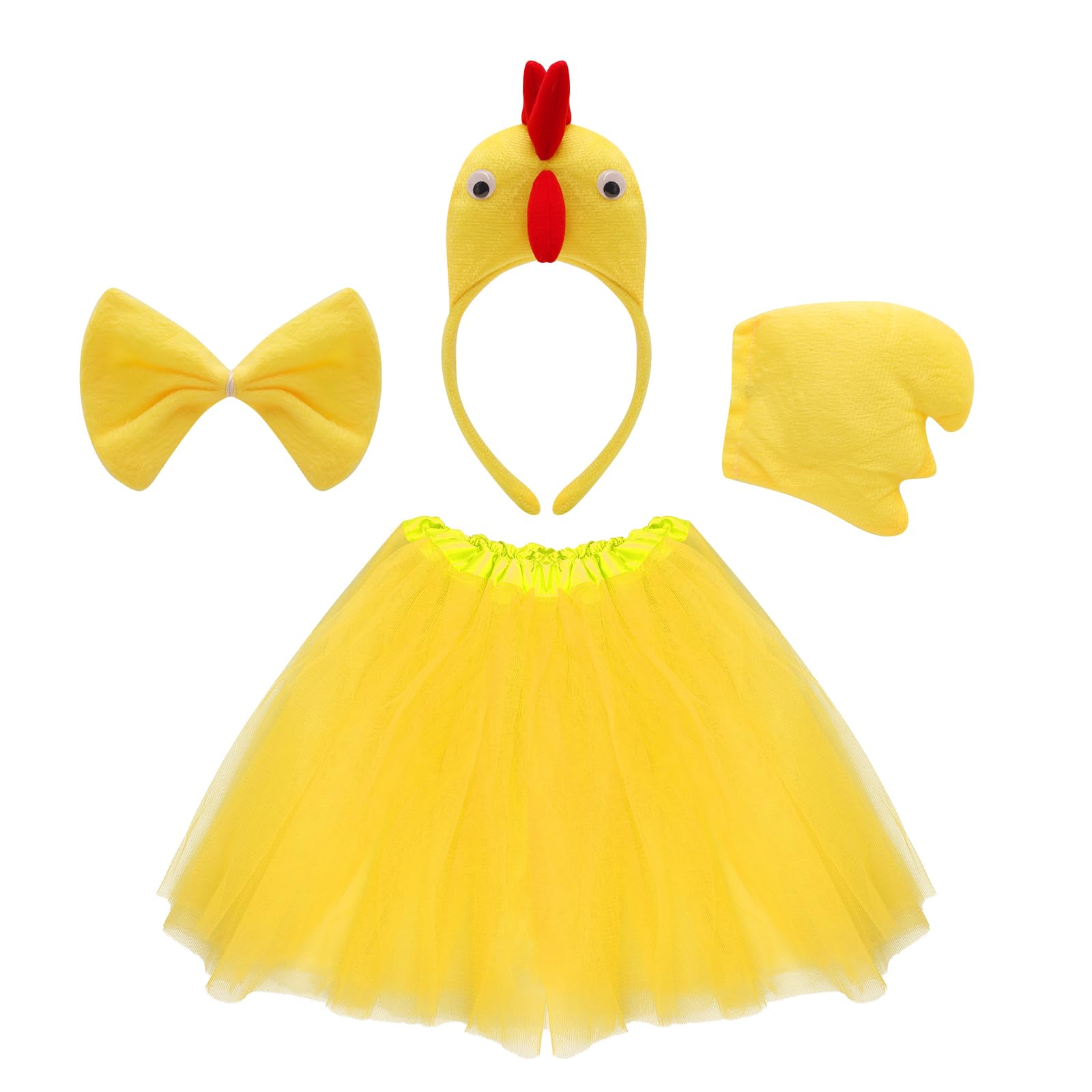 Fumwase 4 Pieces Chicken Animal Costume Chick Headband Bowtie Tail Tutus Set for Halloween Dress Up Cosplay Party