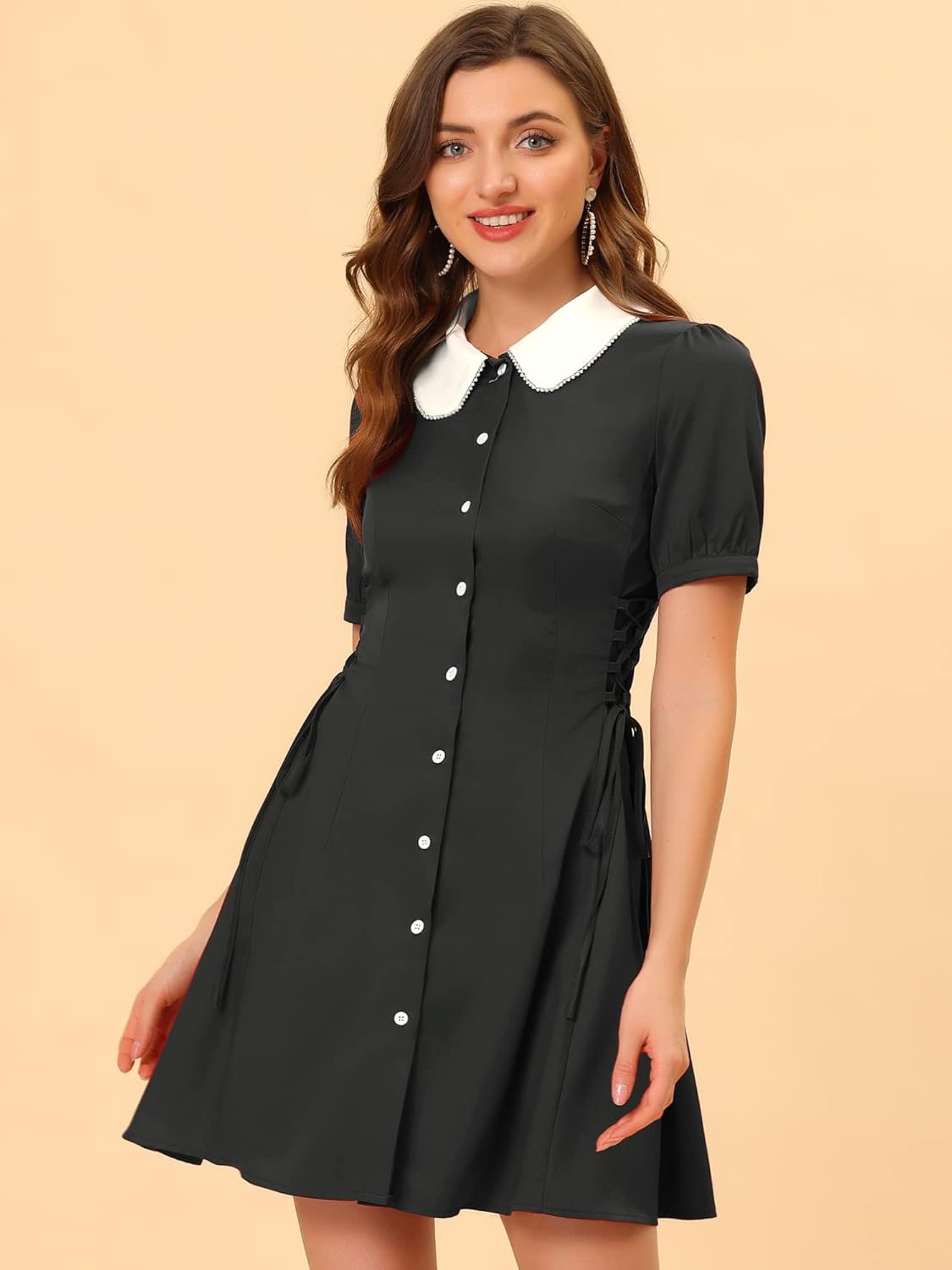 Allegra K Women's Vintage Peter Pan Collar Lace Up Button Down A Line Dress - Image 2