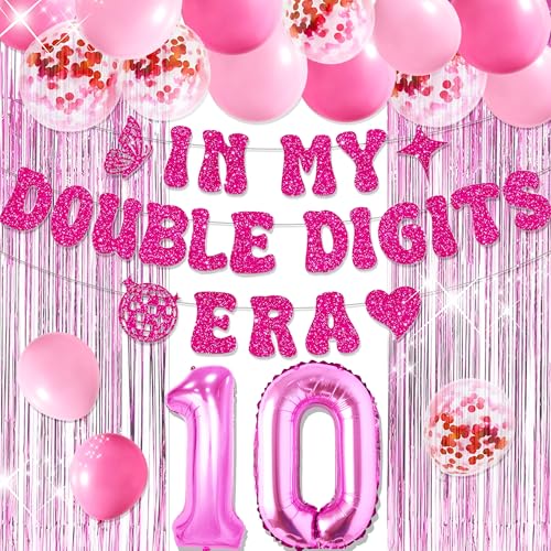 Image of 10th Birthday Decorations Pink In My Double Digits Era Banner Double Digits Birthday Happy 10th Birthday Decorations for Number 10 Balloon Girls Boys Double Digits Party Supplies