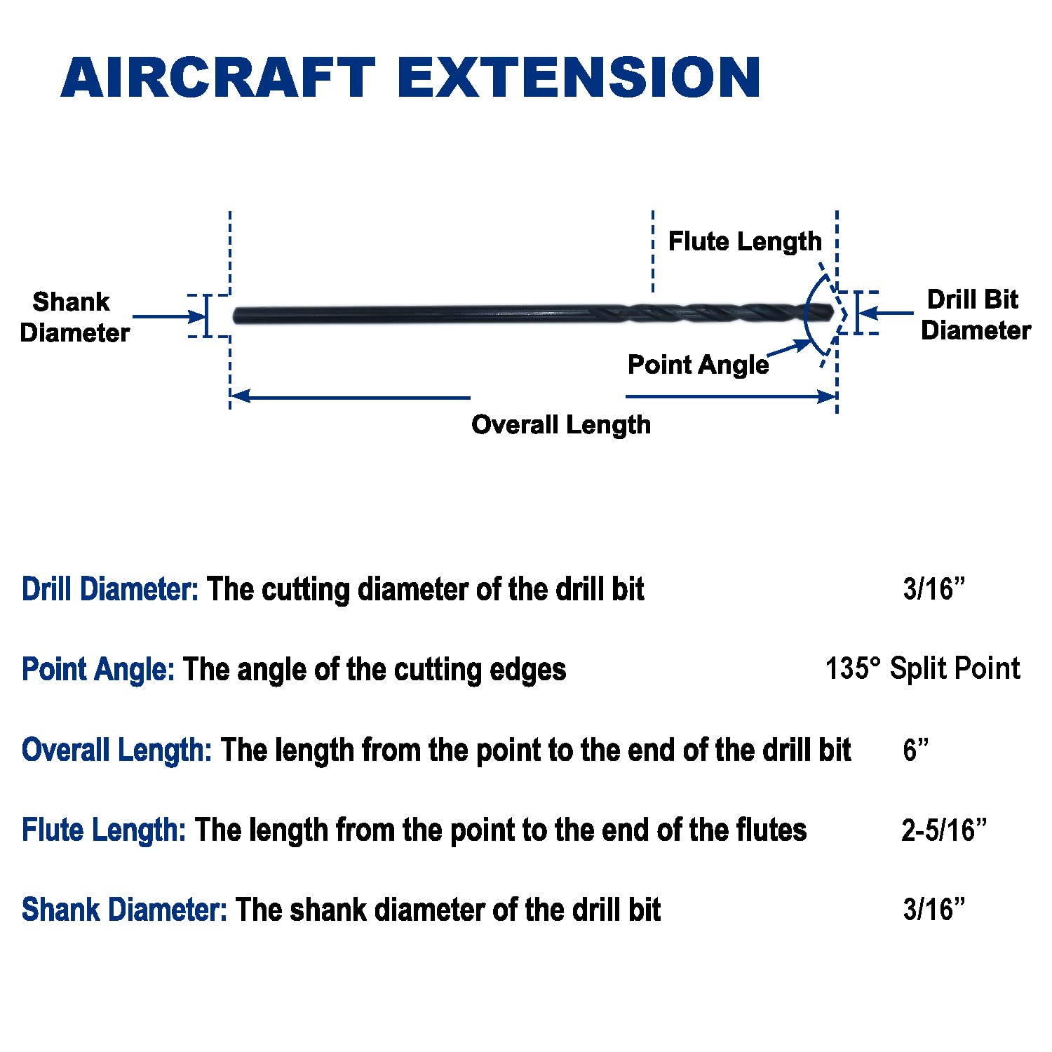 Aircraft Drill Bits - 6 Inch Deep Reach -3 Aircraft Drill Bits - 6 Inch Deep Reach -3