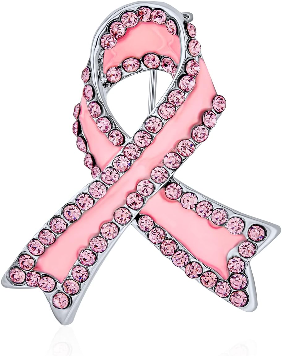 Cancer Awareness Ribbon Brooch Pin - Silver Blue Pink Purple Crystal Enamel - Symbol of Support and Survival - Silver Gold Plated Accent - Thoughtful Jewelry for Women