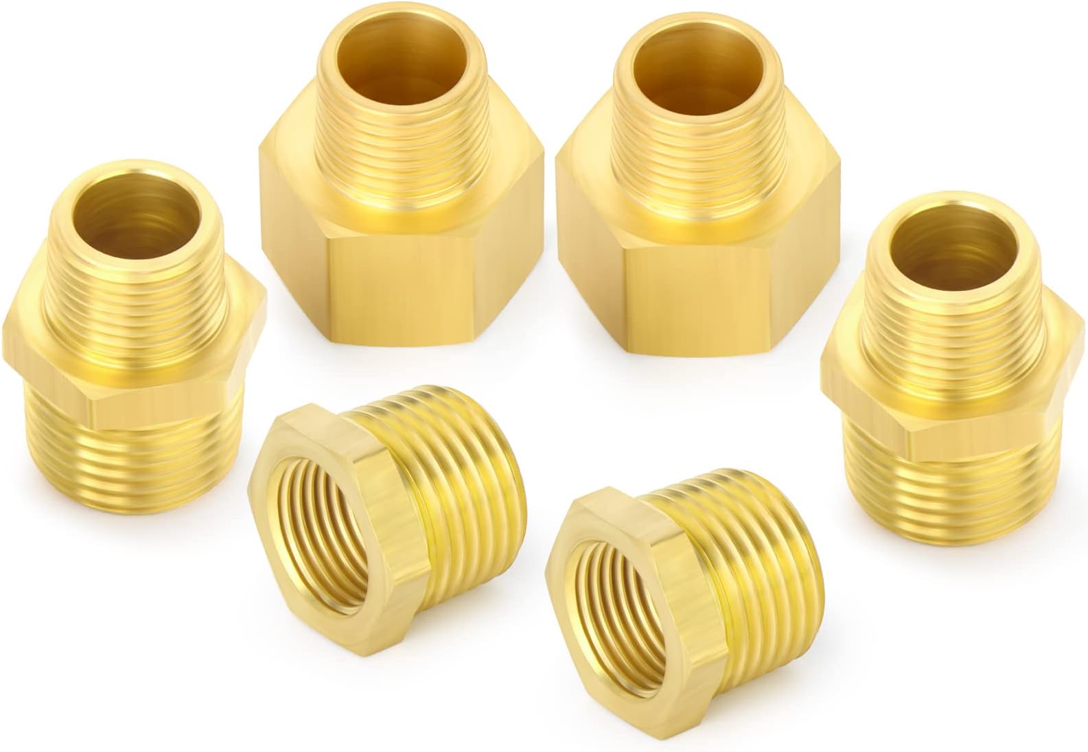 GASHER 15PCS Brass Pipe Fitting, Hex Bushing, Reducer Adapter, Reducing Hex Nipple 1/8 Inch NPT x 1/4 Inch NPT