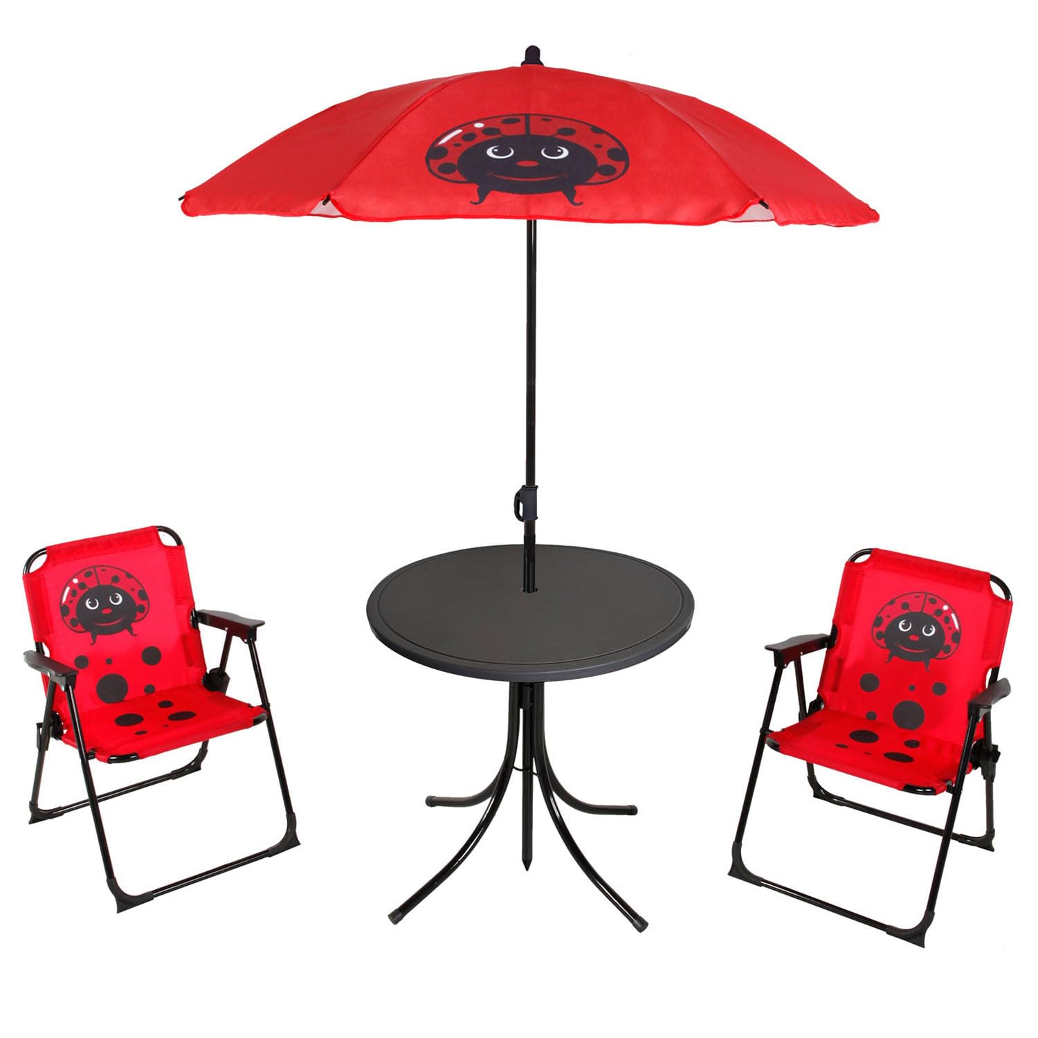 Mojawo 4tlg Kinder Campingmöbel Set Outdoor 2 x Campingstuhl Klappstuhl Käfer + Tisch + Sonnenschirm Rot