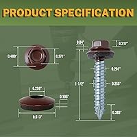 Vista 2 de LIONMAX Tornillos de metal para techos #14 × 1-1/2 pulgadas, 300 unidades, tornillo de chapa hexagonal pintado marrón con arandela de goma, punta