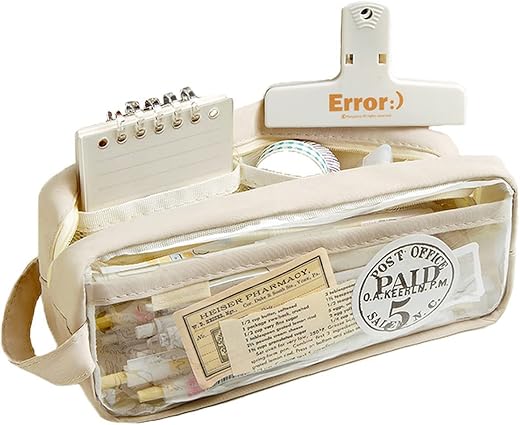 Wolpin Large Capacity Pencil Bag Transparent Cream | PVC Pencil Pouch with Zipper &amp; Pockets | Portable Makeup Pouch Statio...