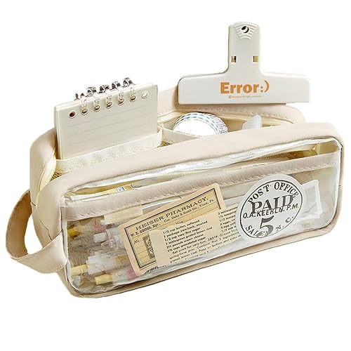 Wolpin Large Capacity Pencil Bag Transparent Cream | PVC Pencil Pouch with Zipper & Pockets | Portable Makeup Pouch Stationery Case for Students Girls Adults Office | Cute Utility Organizer