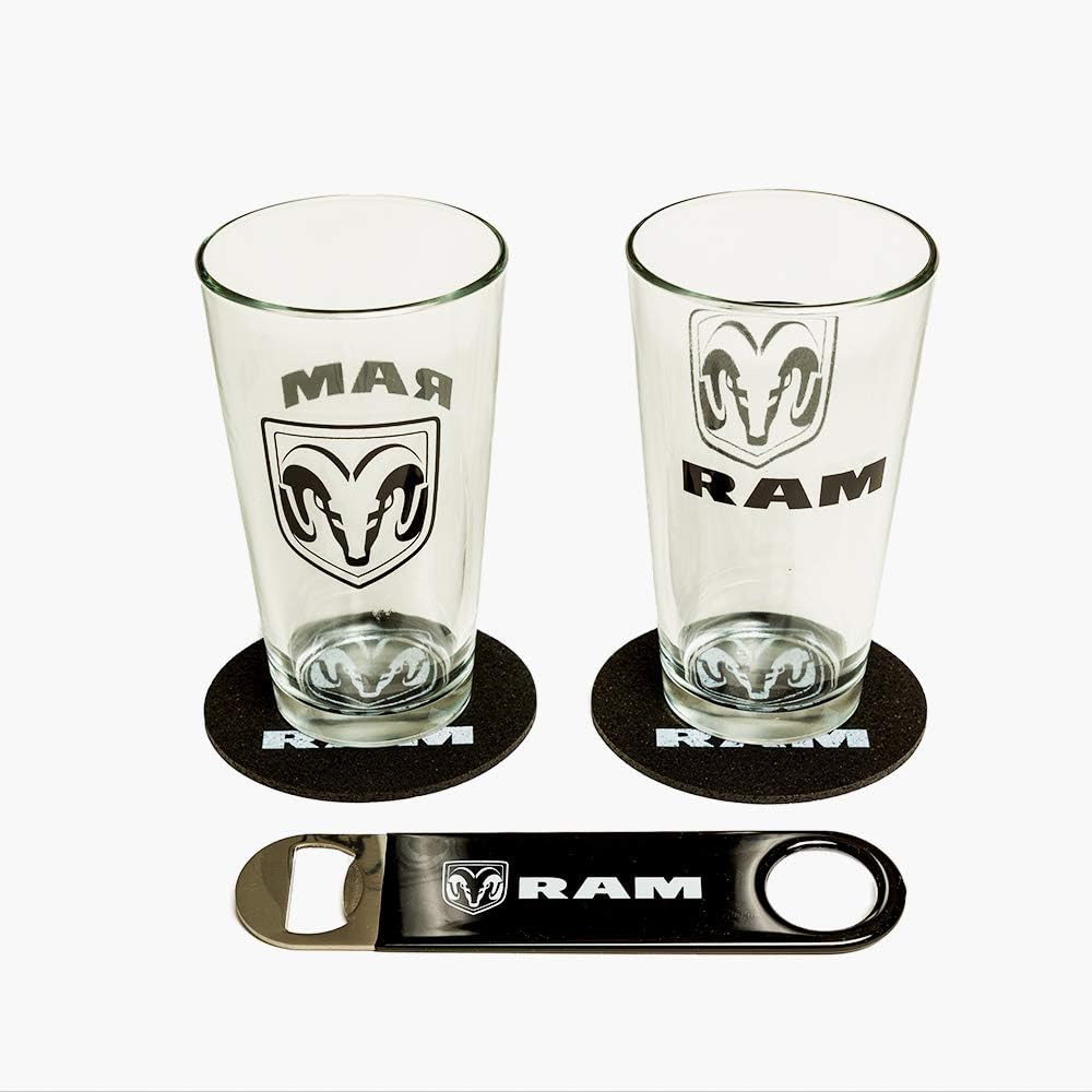 Detroit Shirt Company RAM Truck Pint Glass Gift Set 2-pack Glasses and Coasters plus a Bottle Opener
