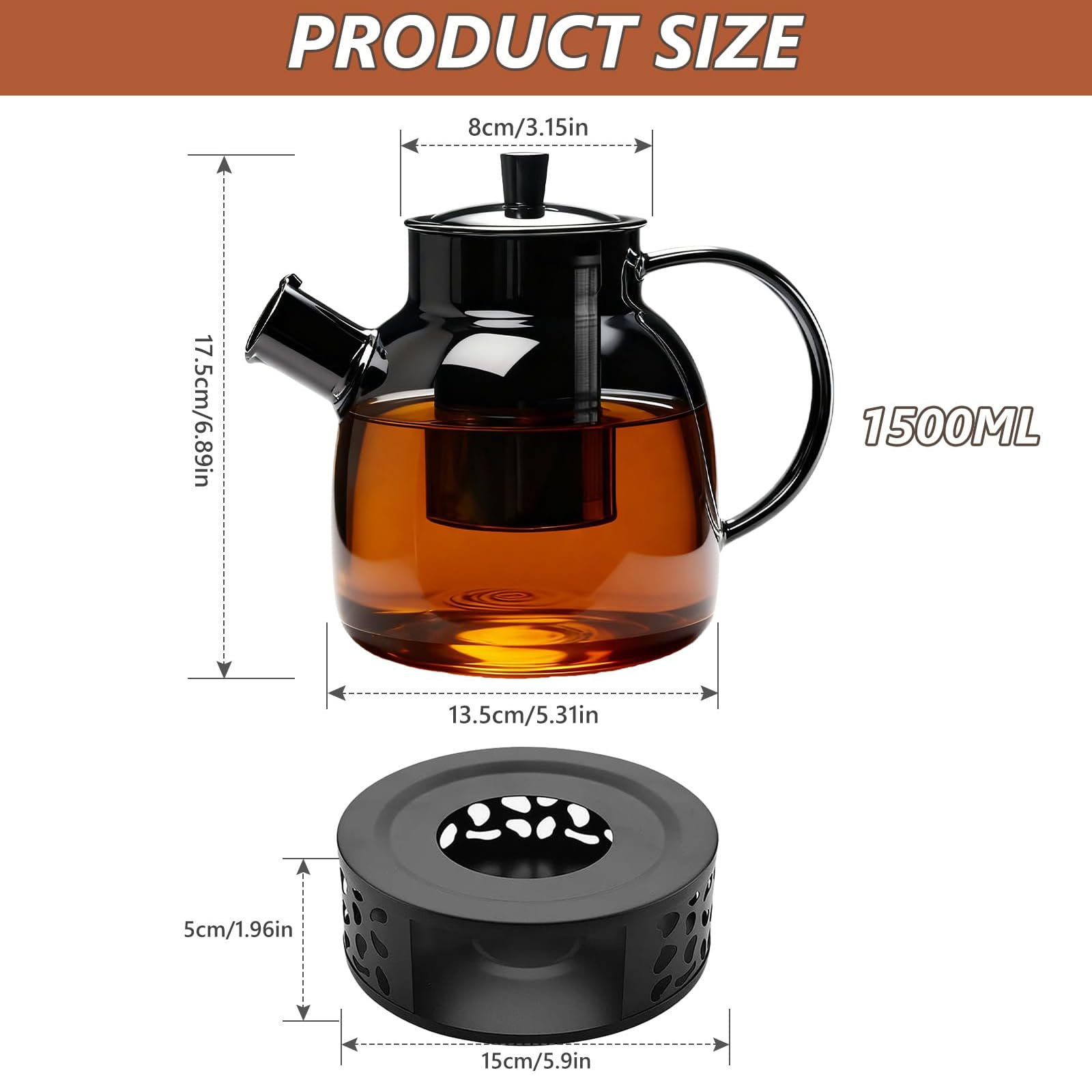 1500ml Teekanne mit Stövchen, Teekanne mit Siebeinsatz und Deckel, Glas Teebereiter mit Abnehmbare Siebeinsatz, Hitzebeständig Glaskanne für Losen Tees Fruchttee Duftender Tee Blumentee (Schwarz)