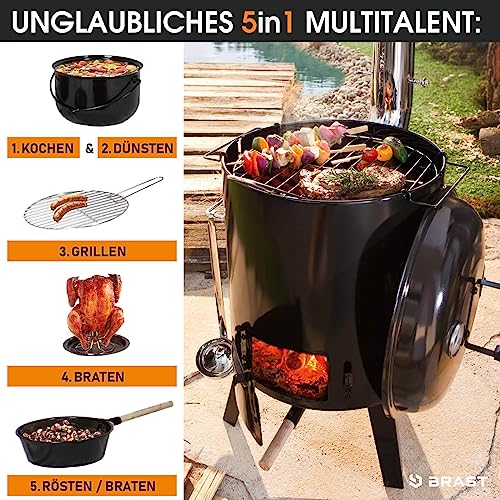Foto von BRAST® Eintopfofen mit Grillfunktion Ofen Kugelgrill Barbecue Grill Outdoor-Küche Gulaschkanone Suppenkessel Hähnchenbräter Ungarischer Gulaschkessel aus Stahlblech emailliert Dreibein inkl. Zubehör