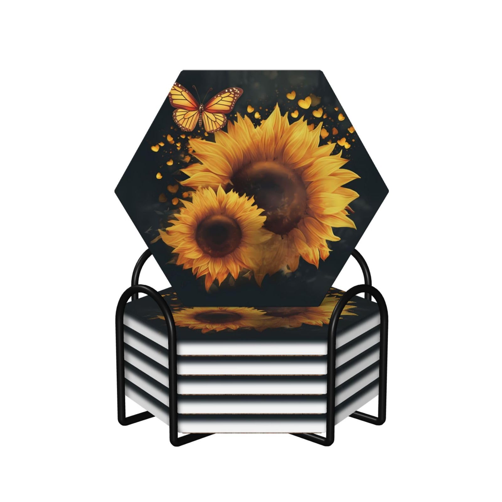 Dessous de verre en céramique lot de 6 hexagone papillons avec support pour table