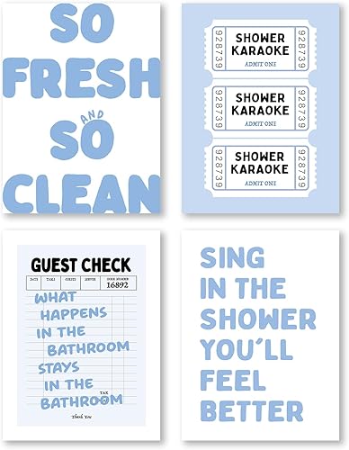 Miniatura 14 de Pleonox Cuadros de Arte de Pared de Baño Retro Azul de Tendencia en Lienzo 8x10 Pulgadas Juego de 4, Imágenes Azules Elegantes para Invitados,