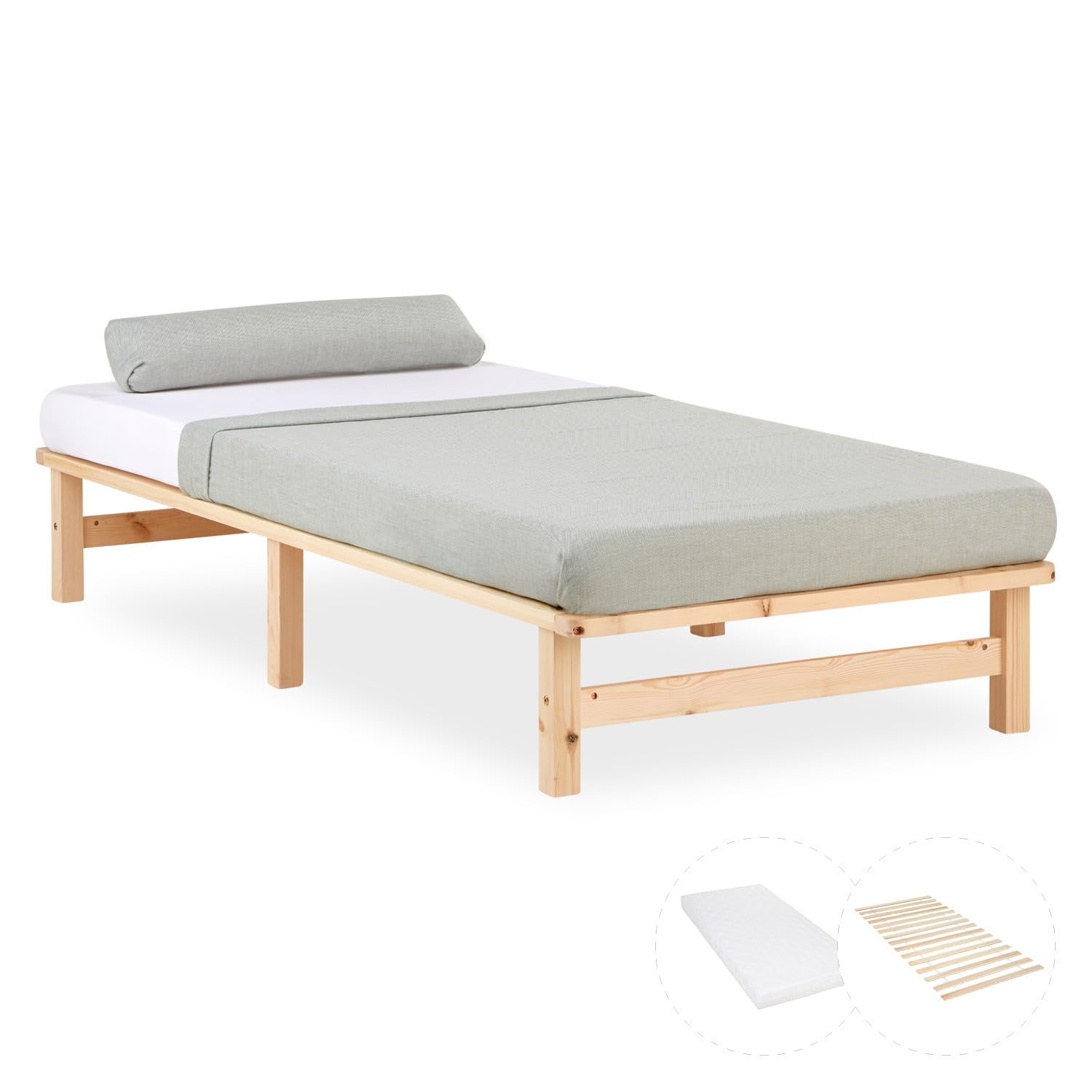 Homestyle4u Holzbett 90x200 mit Matratze & Lattenrost – Kiefer | Massivholz Einzelbett im Palettenbett-Stil – naturbelassen, inkl. Komfortschaummatratze (H2), allergiker-freundlich