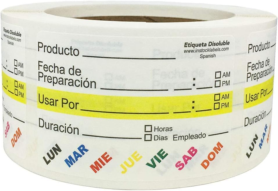 Etiquetas de Rotación de Alimentos Disolubles con Texto en Español, 51 x 76 mm 2 x 3 Pulgadas Etiquetas de Vida Útil 500 Paquete