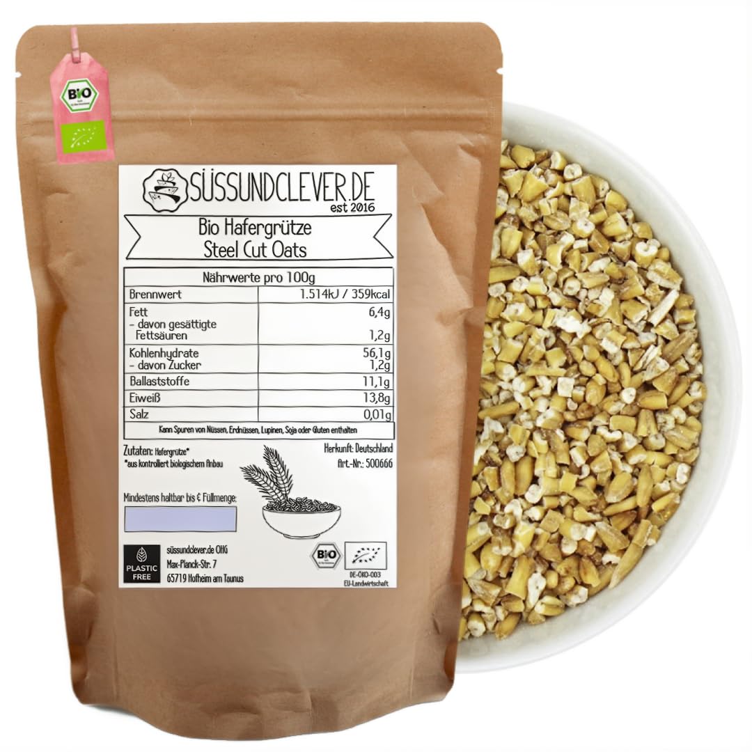 süssundclever.de® Bio Hafergrütze | 1,8 kg | STEEL CUT OATS | aus Deutschland | plastikfrei abgepackt in ökologisch-nachhaltiger Bio-Verpackung | 100% rein