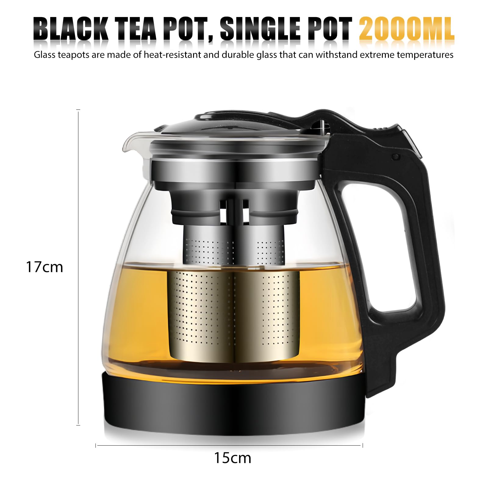 Tetera De Cristal Para Infusiones, 2000ml, Acero Inoxidable, Vidrio De Borosilicato, Fácil Limpieza, Para Té Y Hierbas