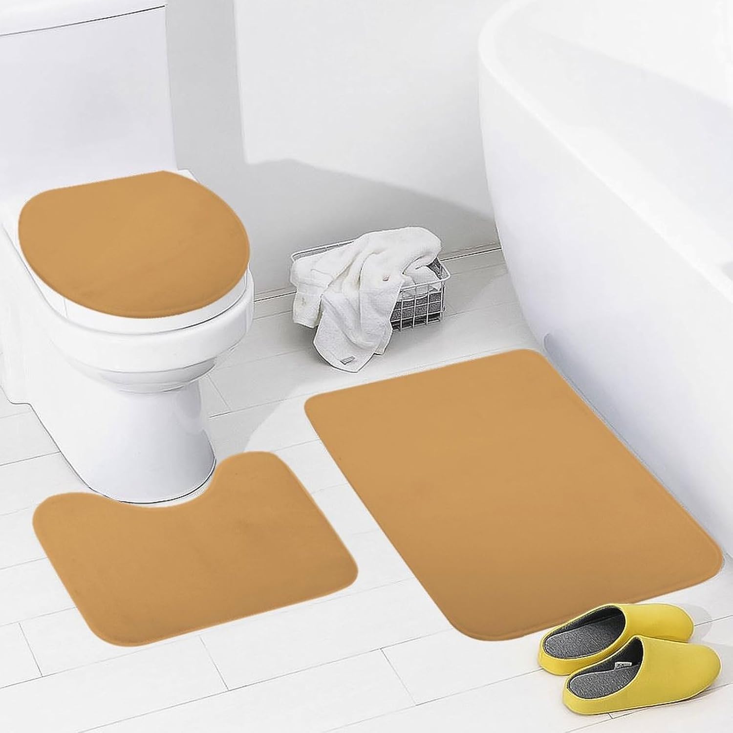3 Piece Bathroom Mat Set Autumn Yellow Solid Color Plain Bath Rug Mat Set, Non Slip Absorbent Bathroom Decor Mat, Toilet Lid Cover & U Shaped Contour Rug