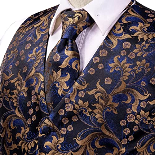 Hi-Tie Navy Blue Vest Mens Wedding Brown Rose Floral Tie Pocket Square Tie Clip Cufflinks Suit Sets Wedding Business Formal Sets #TOP4
