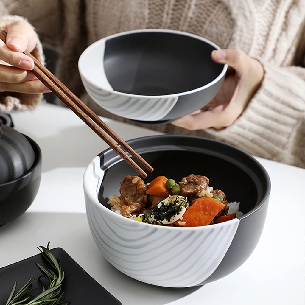 Cuenco De Cerámica con Tapa Cuenco De Ramen Estilo Japonés 4.5 Pulgadas, Cuenco De Sopa De 6.5 Pulgadas (Color : Black+White, Size : 11.5 * 10cm)