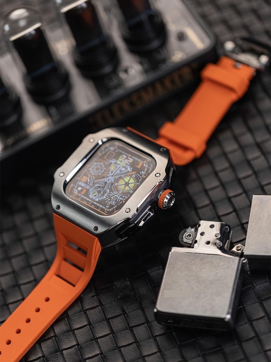 44 mm 45 mm obudowa zegarka ze stali nierdzewnej gumowy pasek do zegarka, luksusowy sportowy pasek do zegarka etui zestaw modów, do Apple Watch 9 8 7 6 5 4 SE akcesoria zamienne