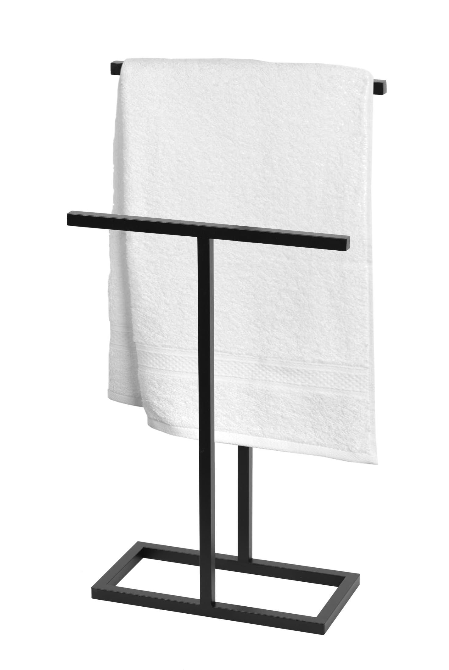 Portasciugamani Autoportante - Portasciugamani in Piedi - LxPxA 45x20x85cm - in Metallo, con 2 Barre e Tappetini Antiscivolo, Prodotto UE, non Richiede Montaggio - T-STILO Nero