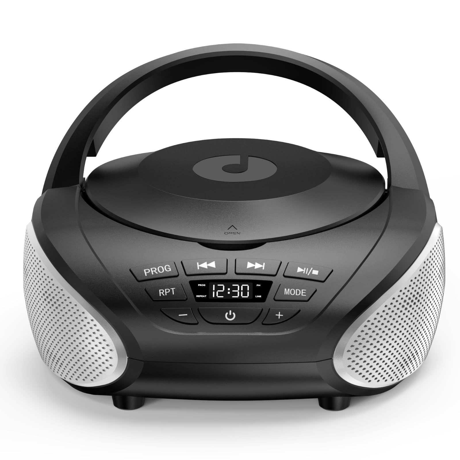 Gueray Lettore CD Portatile Boombox - Radio CD Compatto con Altoparlanti Stereo, Radio FM, Ingresso AUX 3.5 mm, Jack per Cuffie e Display LCD per Interni, Esterni, Viaggi & Audiolibri (Nero + Argento)
