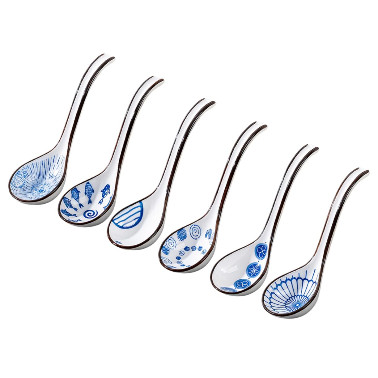 Cuillère à Soupe Chinoise en Céramique Bleu et Blanc, Lot de 6