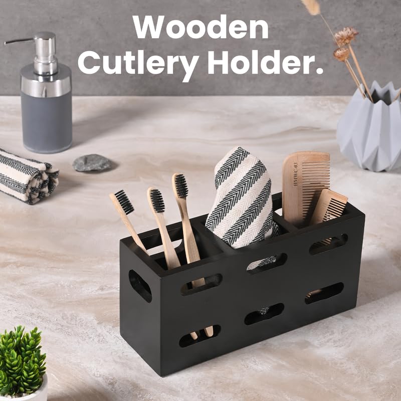 Image of Wooden Cutlery Holder for Kitchen - Cutlery and Tissue Holder for Dining Table | Spoon and Fork Organizer with Ventilated Design | Perfect for Gifting - Black