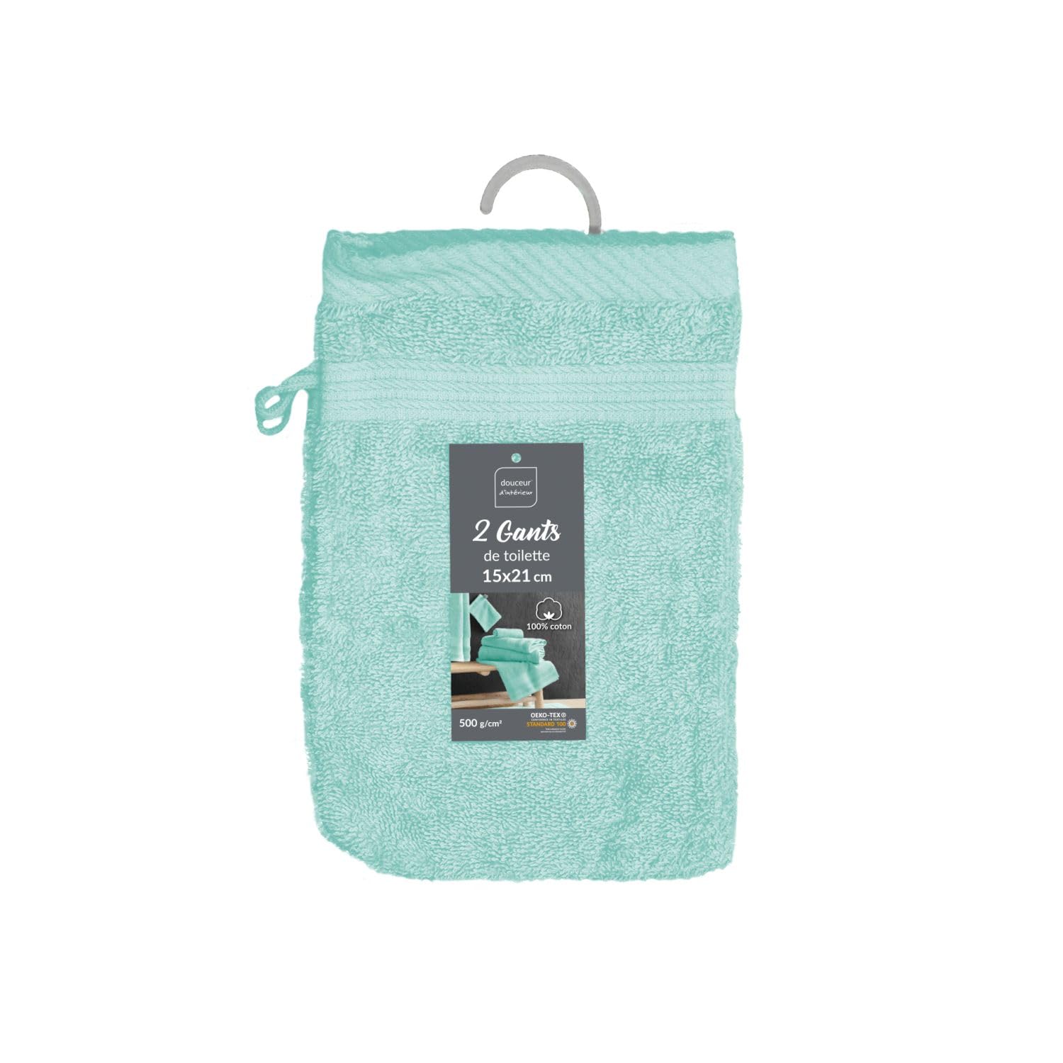 Douceur D'Int&eacute;rieur - 2 Guanti Da Bagno In Cotone Pettinato, Grigio Perla, 15x21 Cm