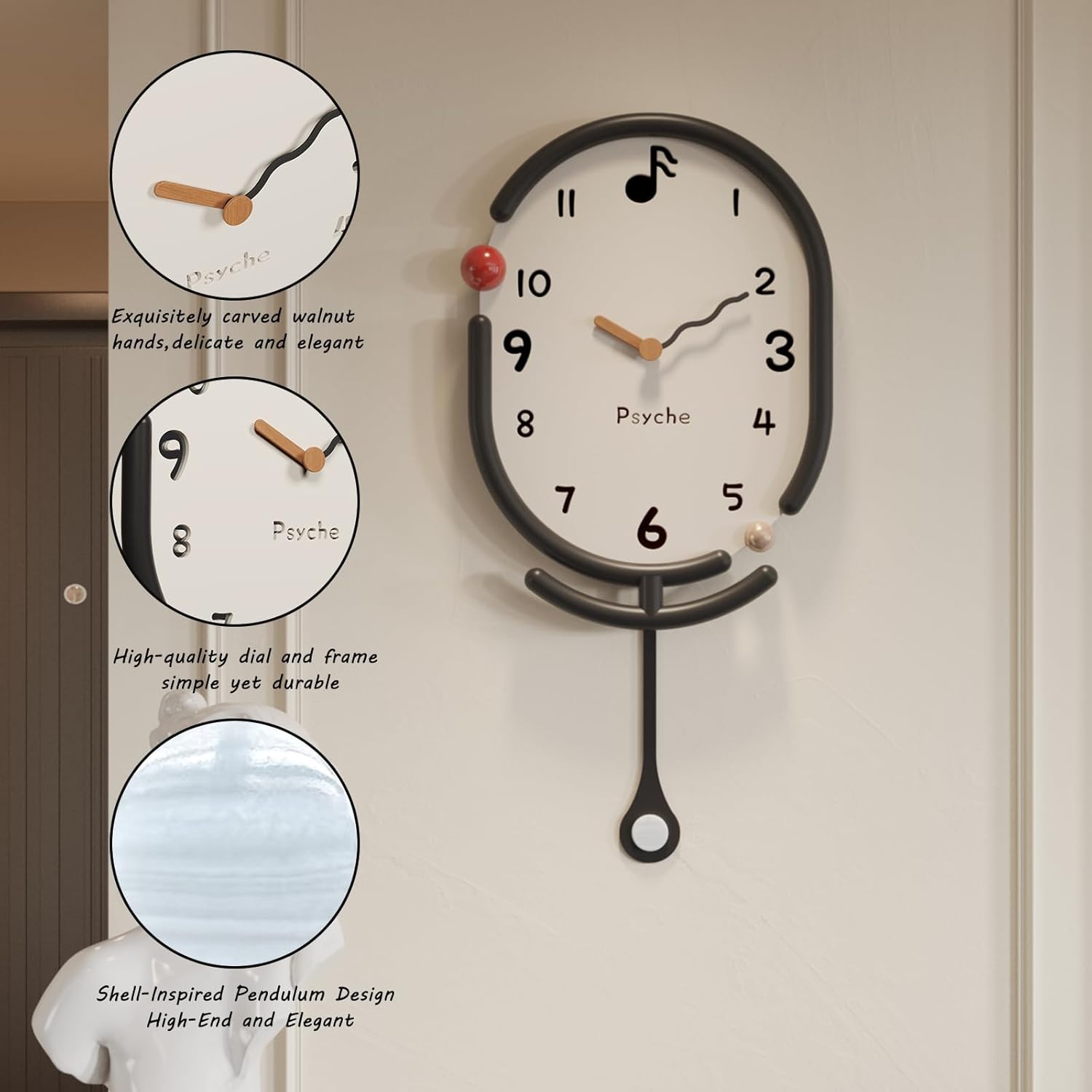 Non Ticking Silent Oval Wall Clock with Shell Pendulum, 24" Large Modern Wall Clocks for Living Room Decor, Farmhouse Clock, Battery Operated, Cream and Black